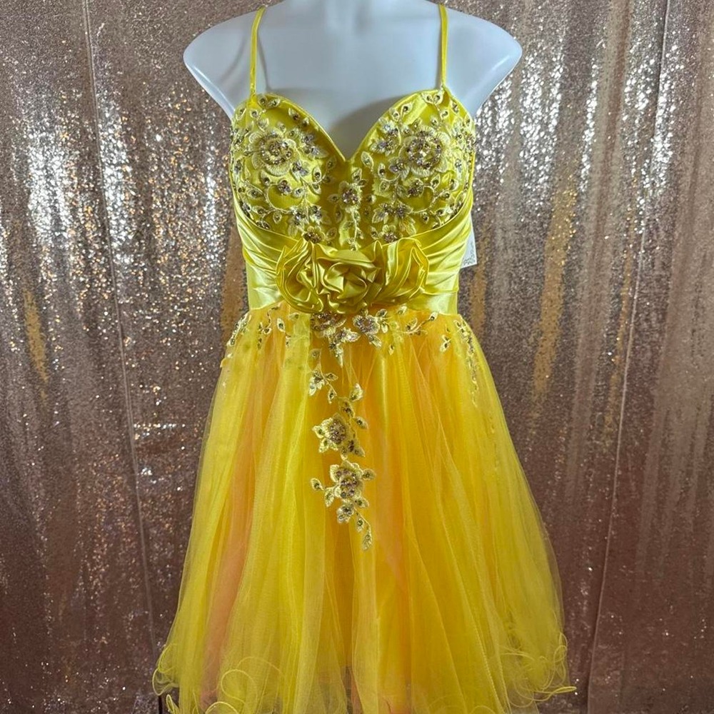 NWT Yellow Satin Tulle Short Dress Gold Floral Embroidery Dress/Sizes L-XL-2XL